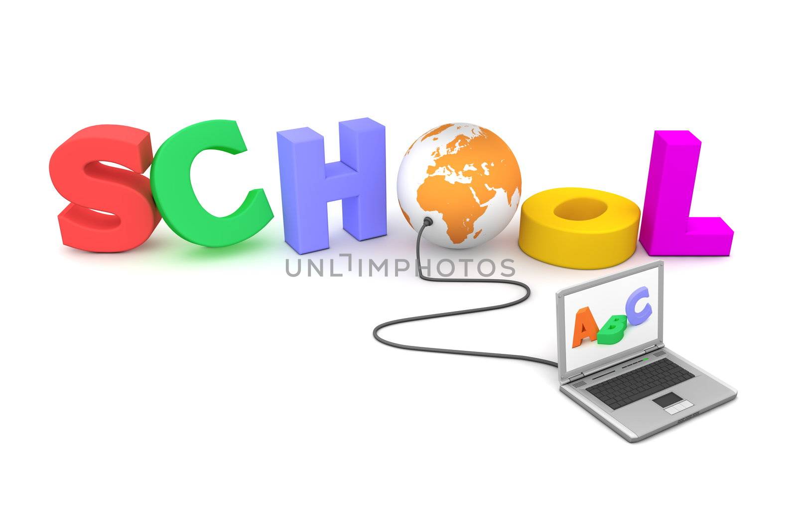 a laptop with different letters on the screen is connected to the multicoloured and jumbled 3D letters SCHOOL - the first letter O is replaced by an orange globe - laptop is plugged into the globe