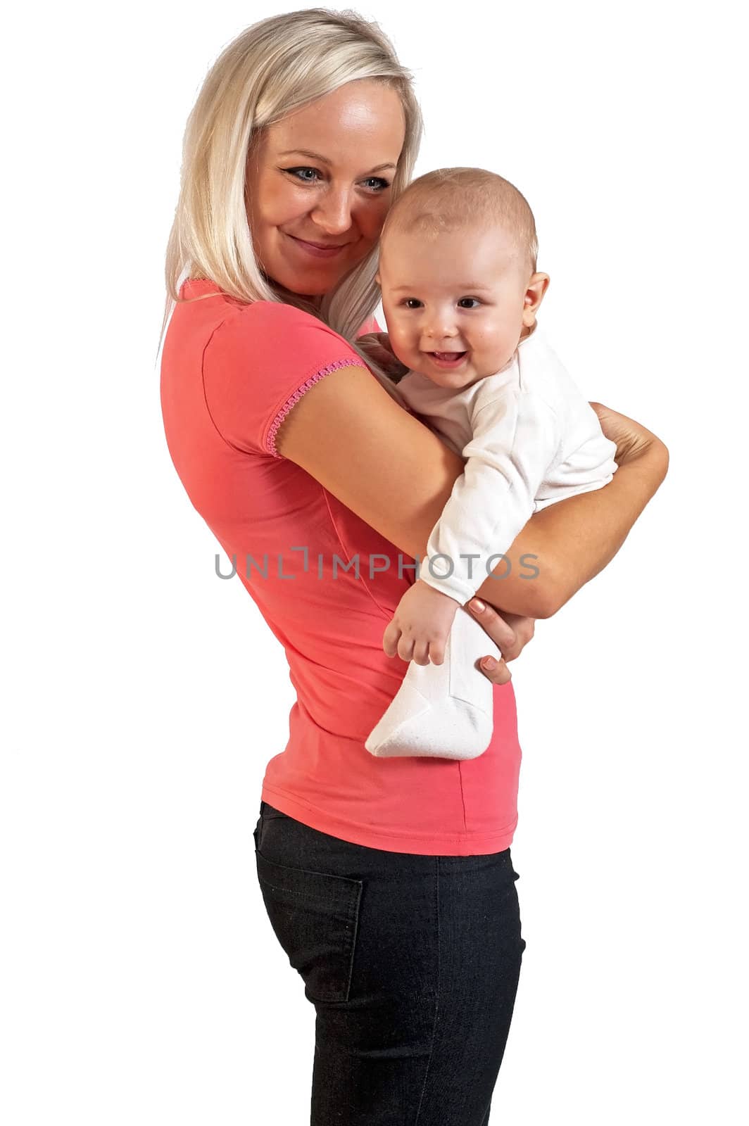 Mother smile to her child on the white background