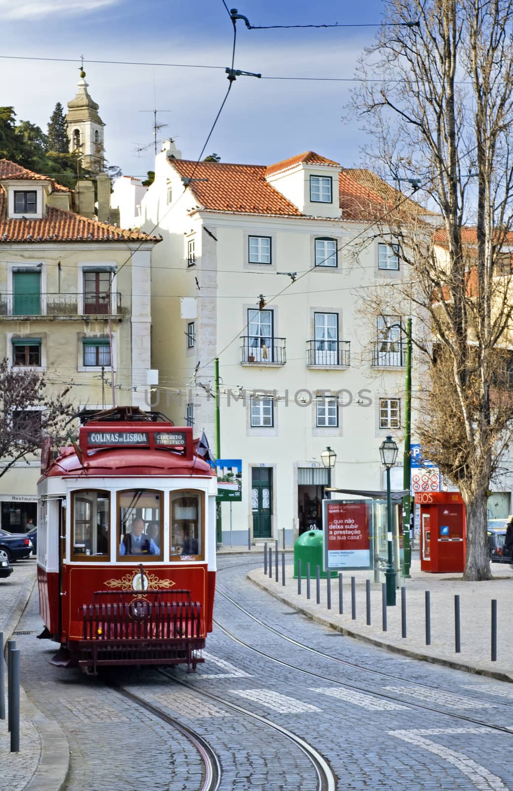 Vintage old Red Tram in  lisbon, Portugal 