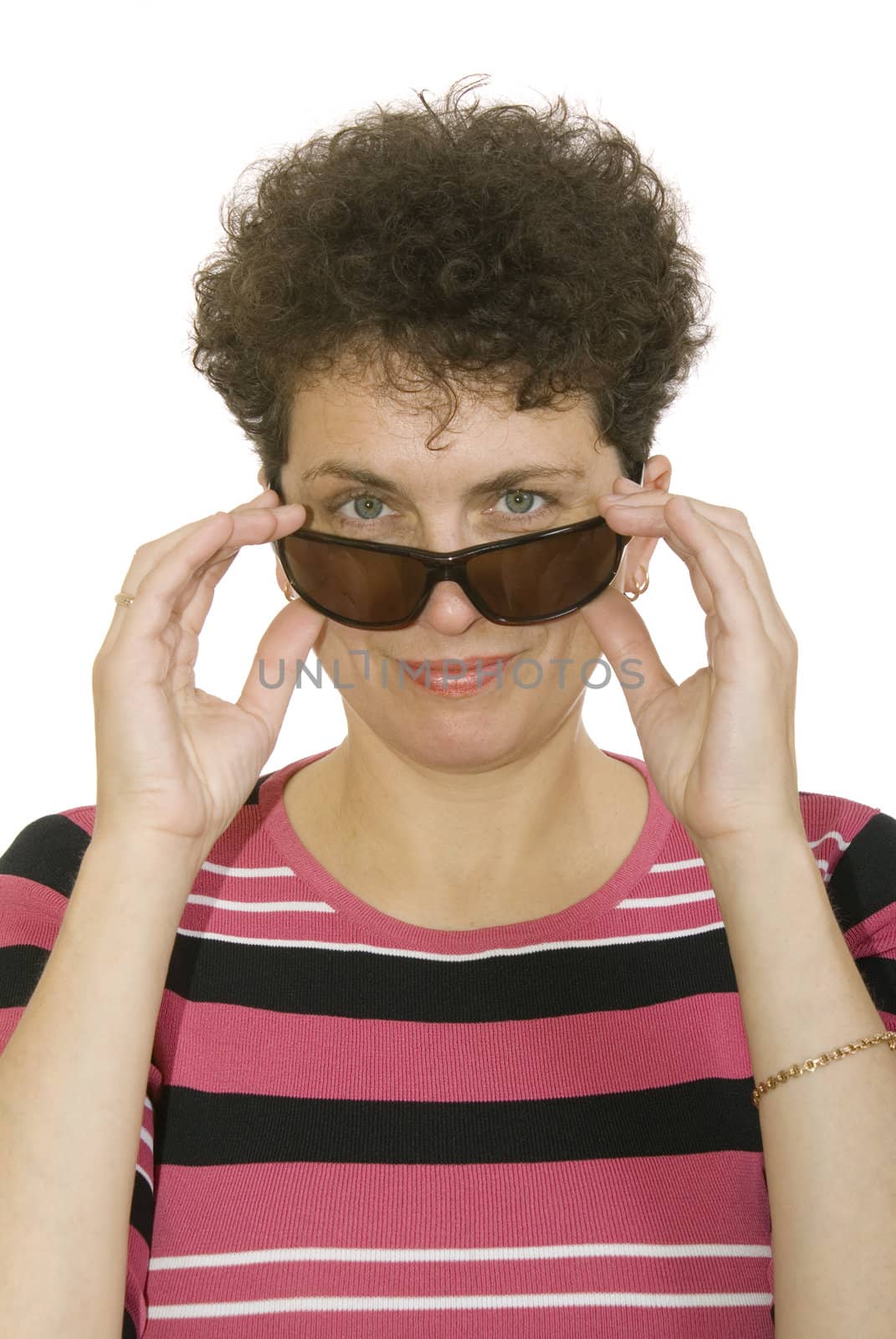 curly woman with spectacles on white background