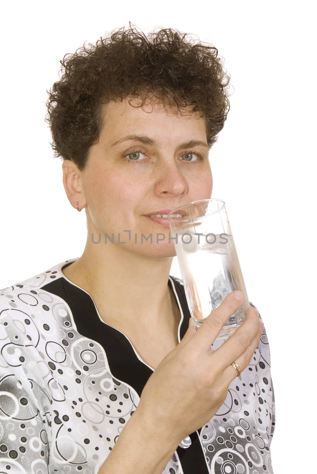 curly woman with glass of water on white background