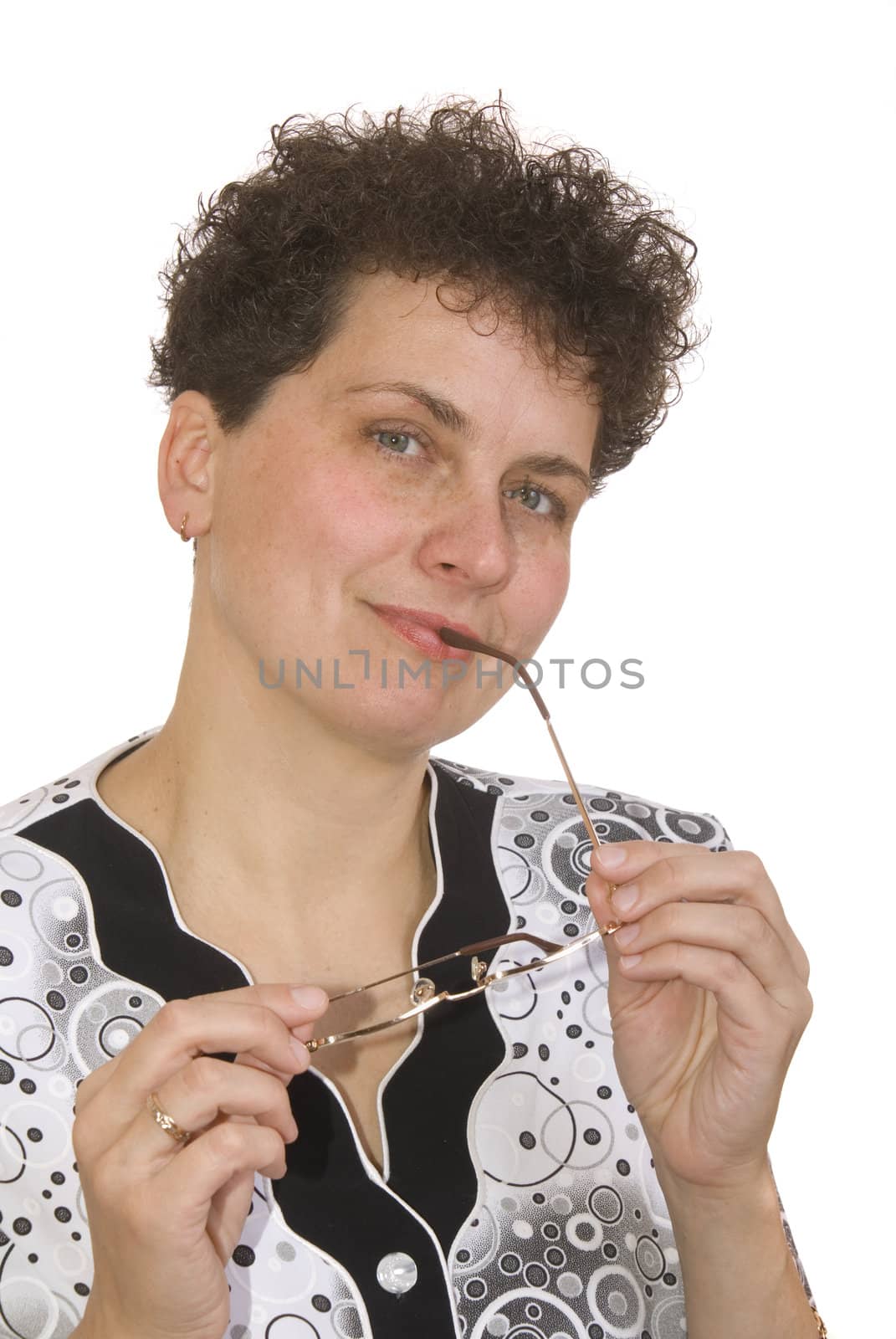 curly woman with spectacles on white background