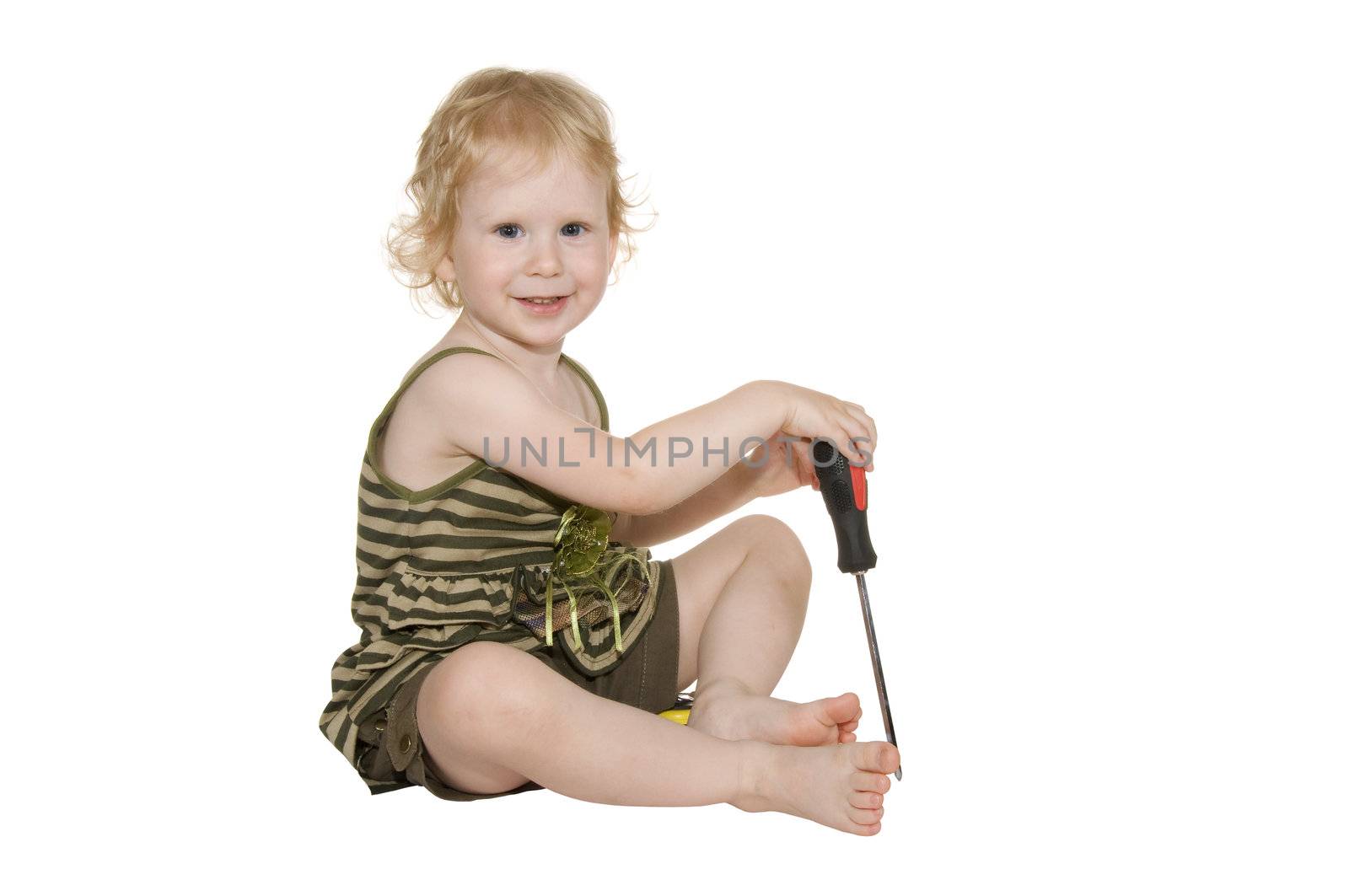 girl with a screwdriver on a white background