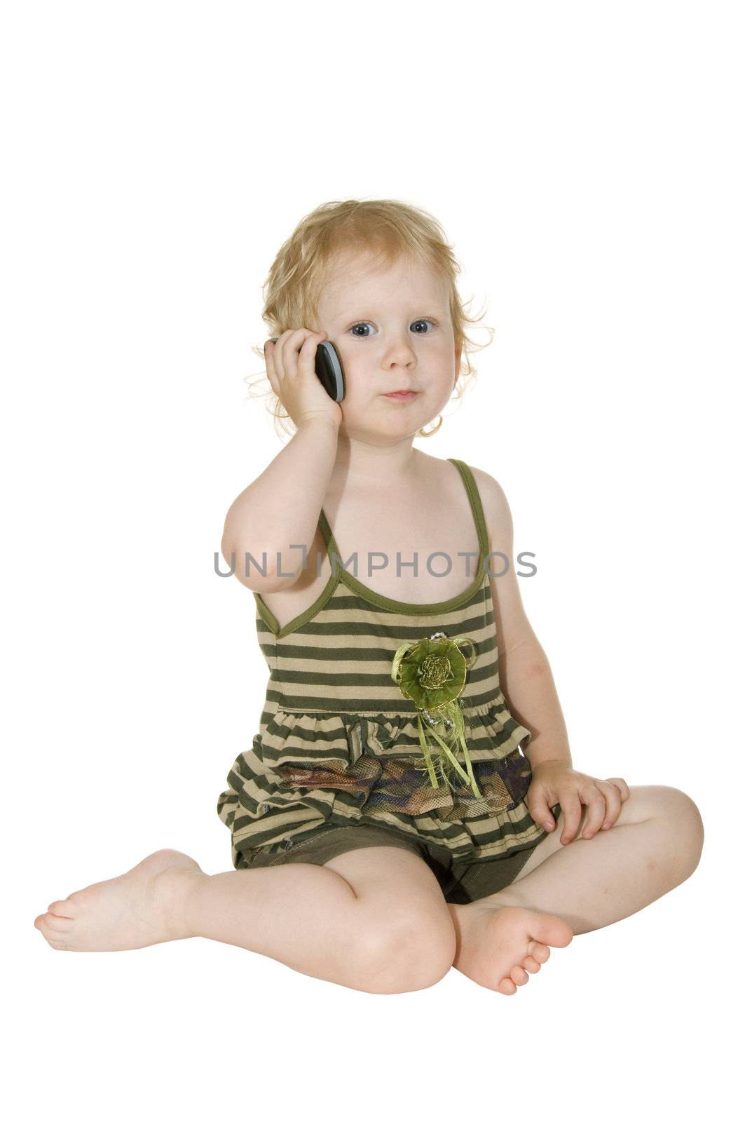 Girl with mobile phone on white background