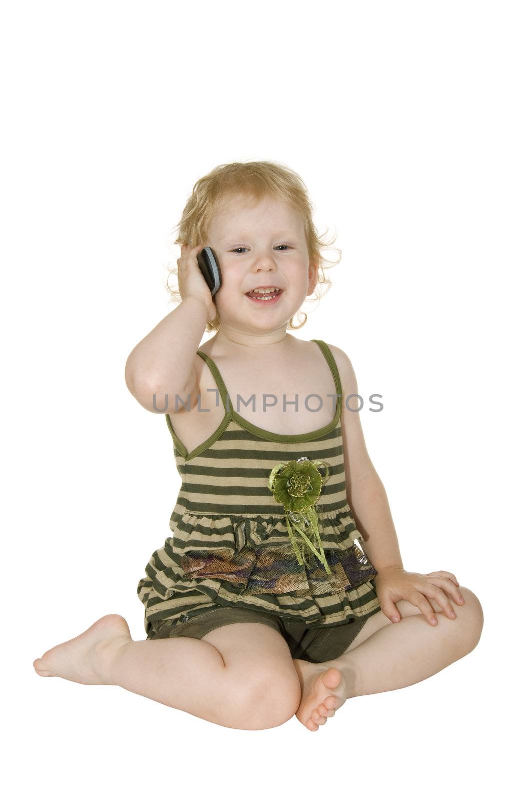 Girl with mobile phone on white background