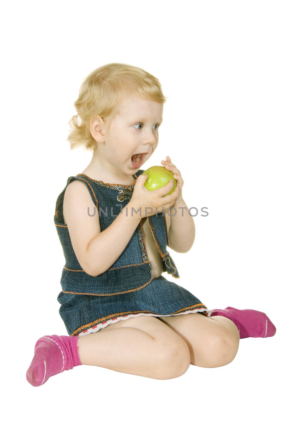 girl with apple on a white background