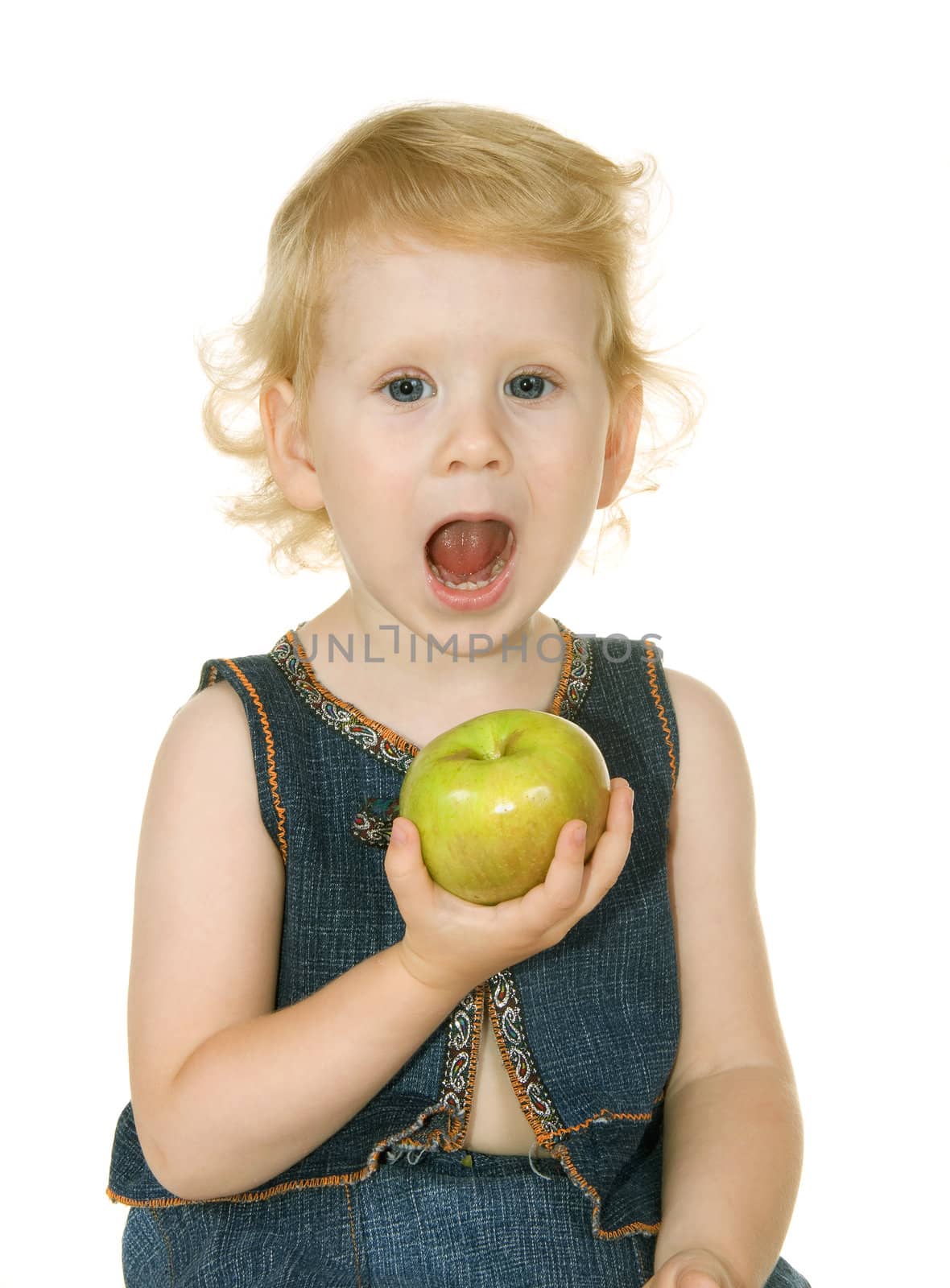 small girl with apple on white background