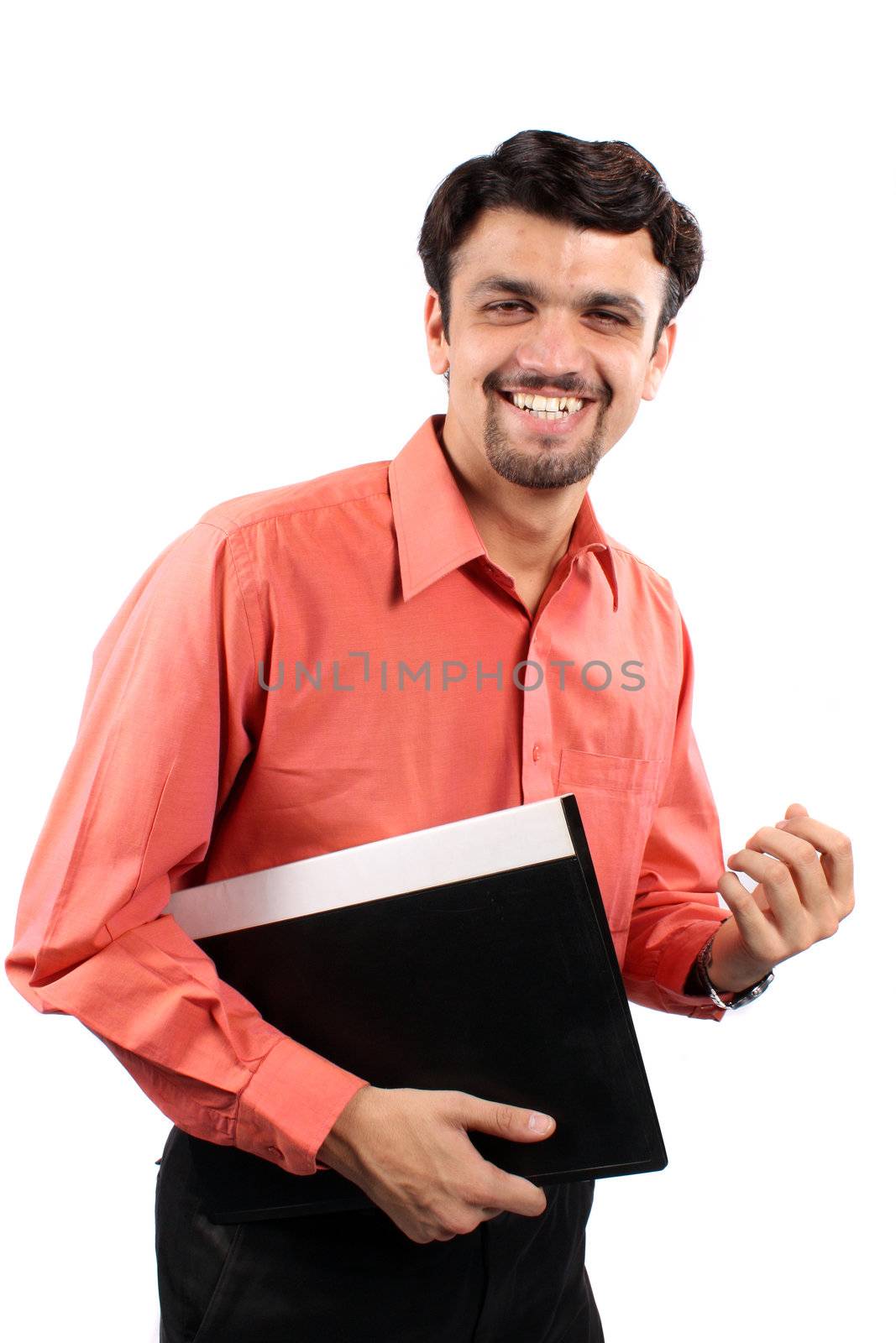 A young Indian executive expressing his success / happiness after getting a job, isolated on white studdio background.