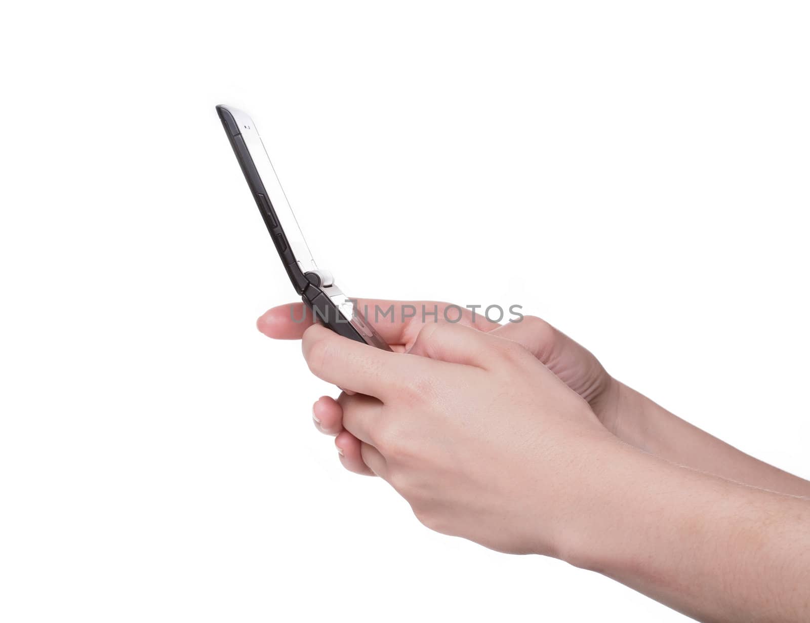 Cell phone in hands on white background - studio photo