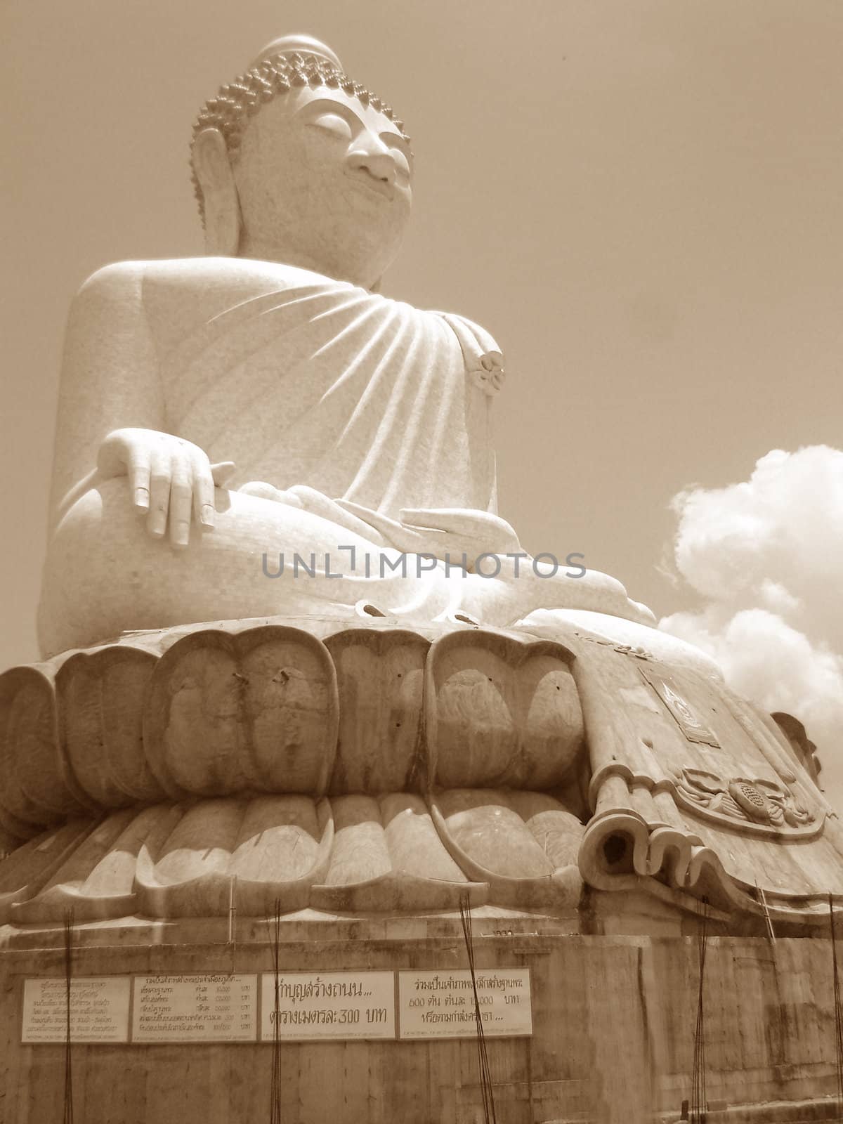 A vintage picture of a huge Buddha sculpture in Bangkok, Thailand.