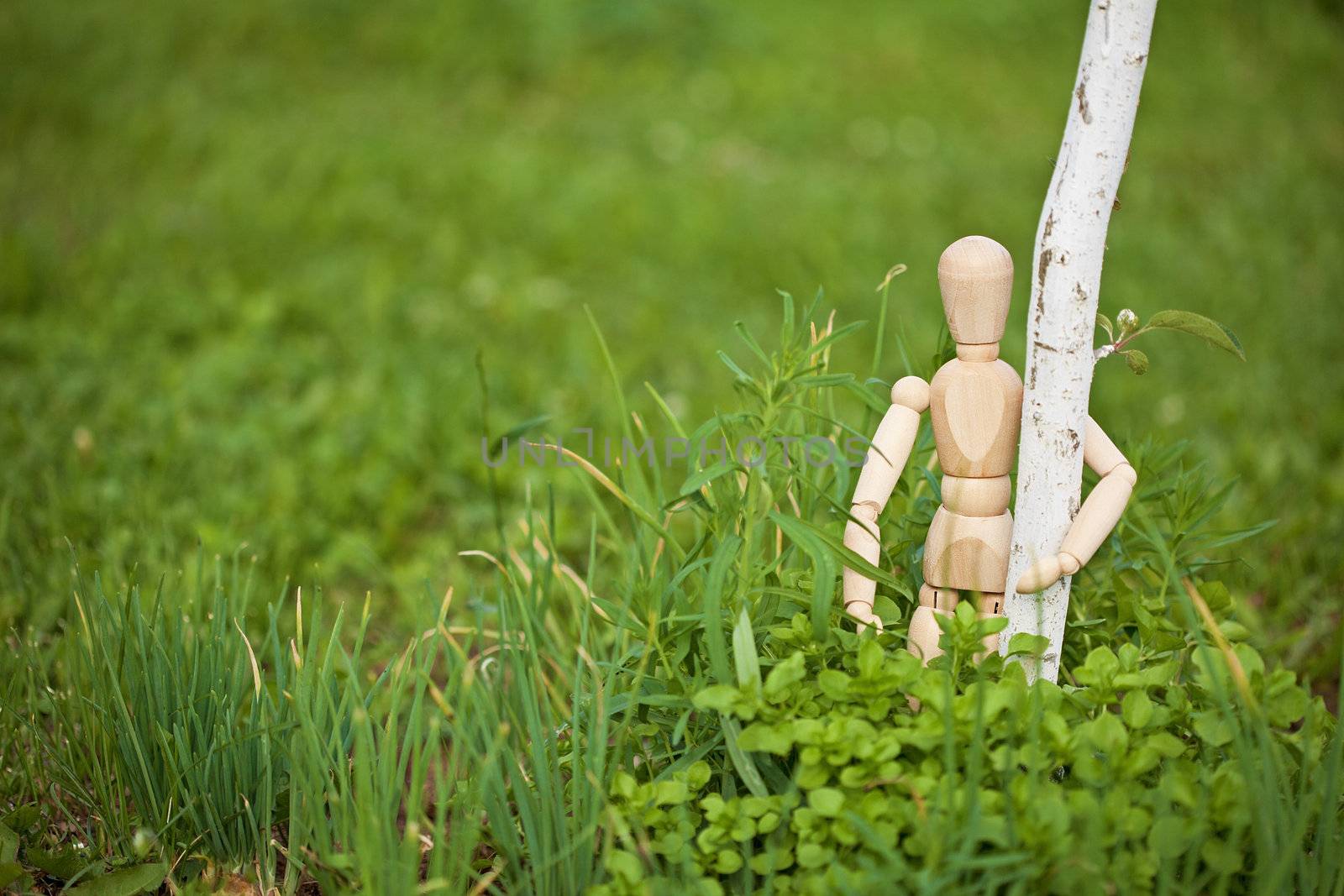 Toy man embraces a young tree garden