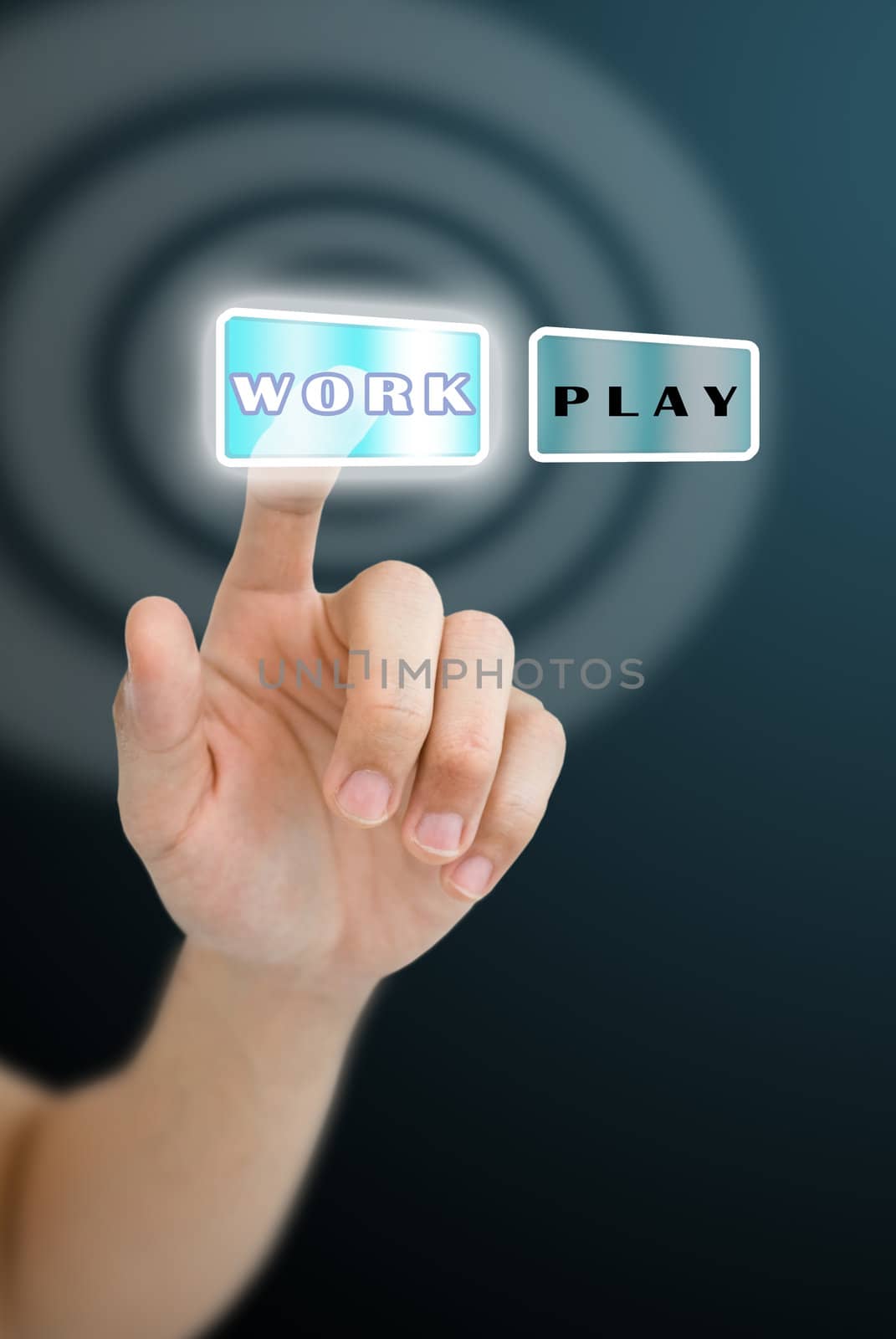 Hand choosing the work button with wave effect background, Work concept 