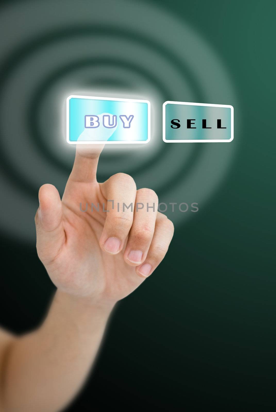 Hand pushing buy button with wave effect background  by pixbox77