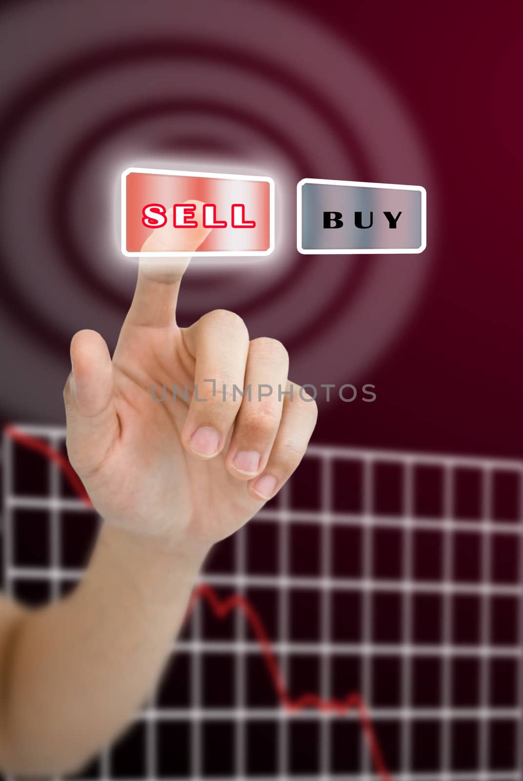 Hand pushing sell button with crisis stock market graph, Stock market concept