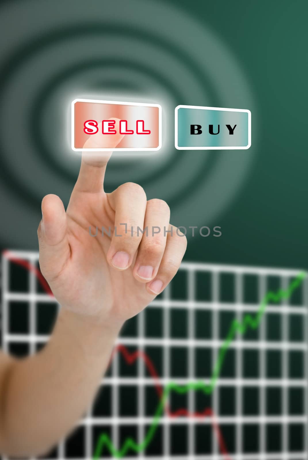 Hand pushing sell button with stock market graph, Stock market concept