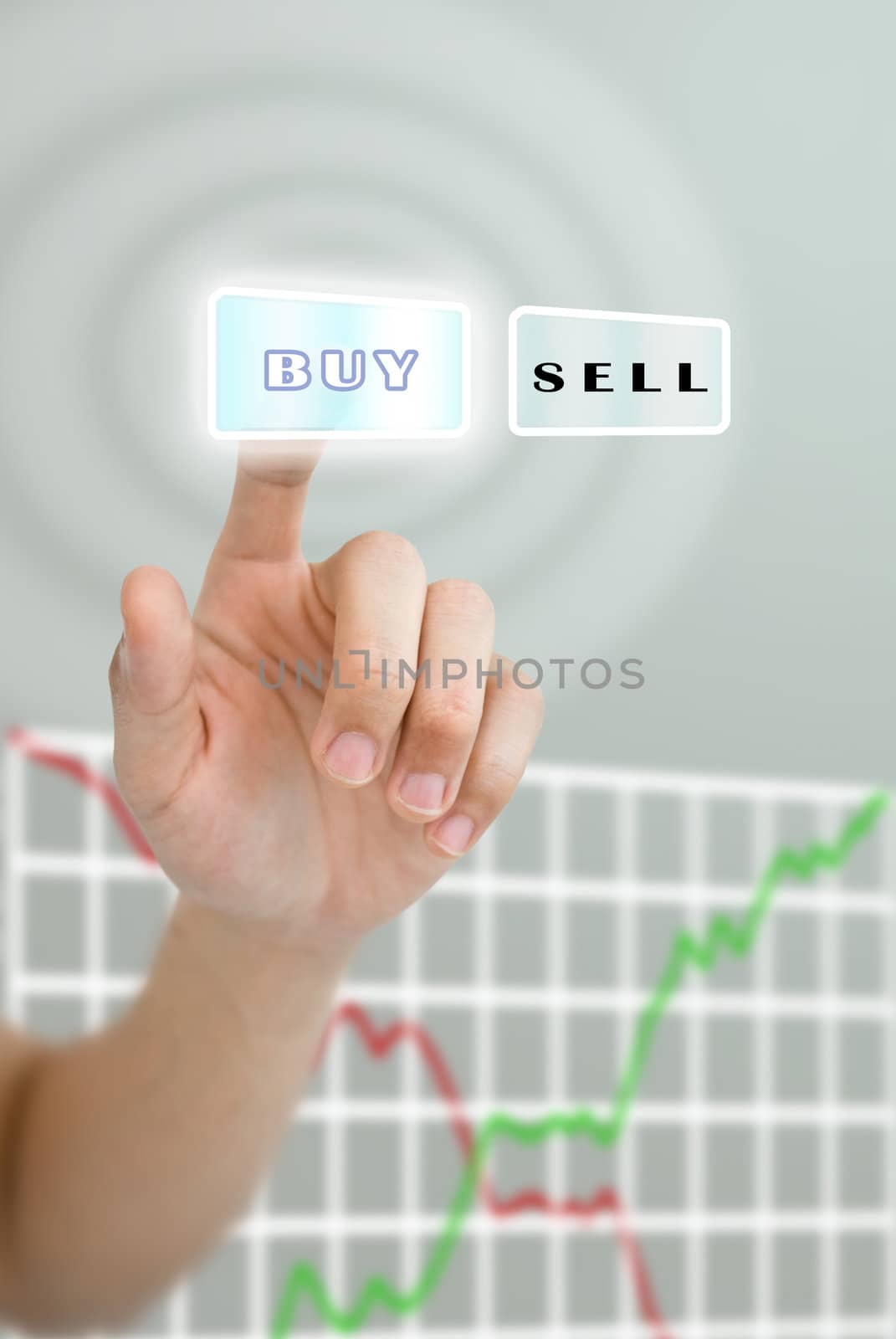 Hand pushing buy button with stock market graph, Stock market concept