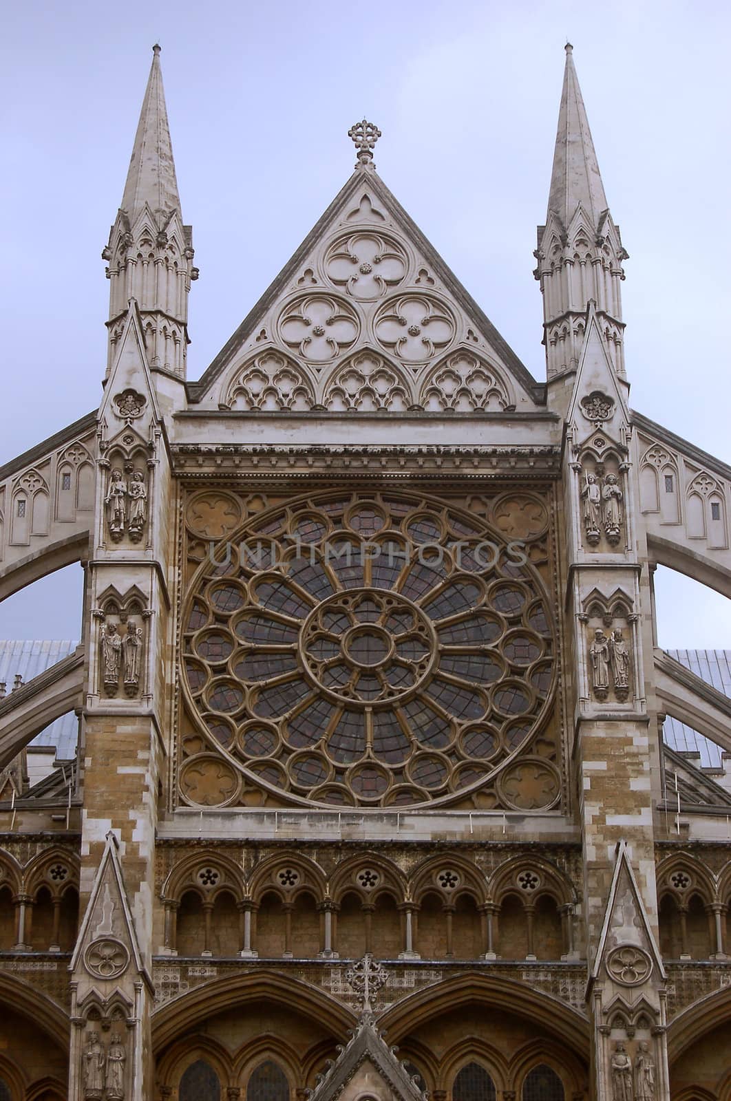 Westminster Abbey in London, England over blue sky