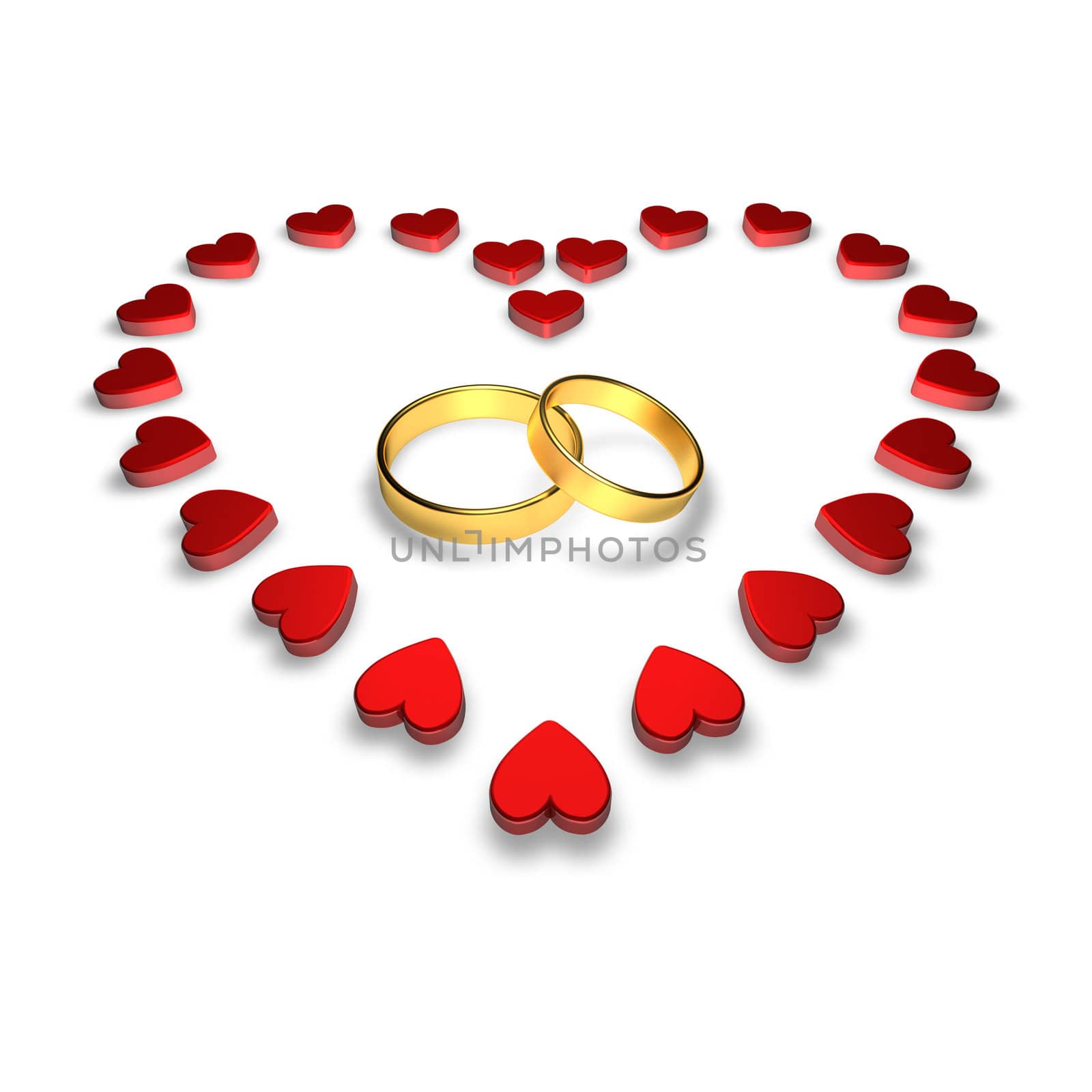 Wedding rings encircled by hearts