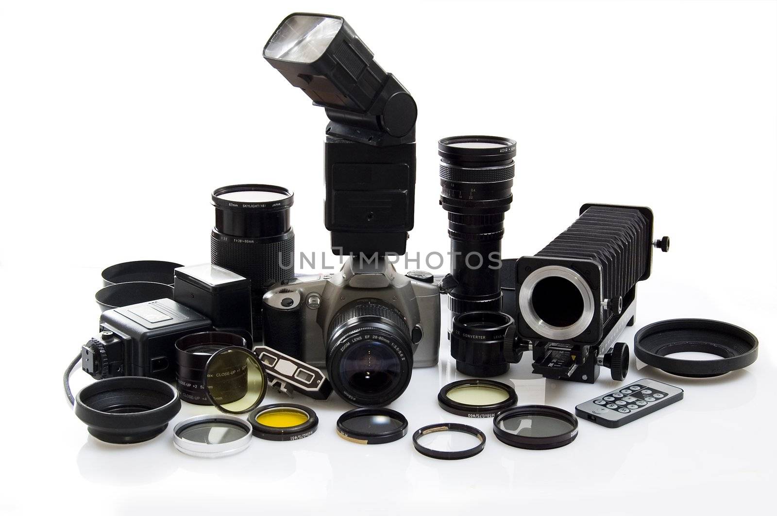 Photographic equipment isolated on white background.