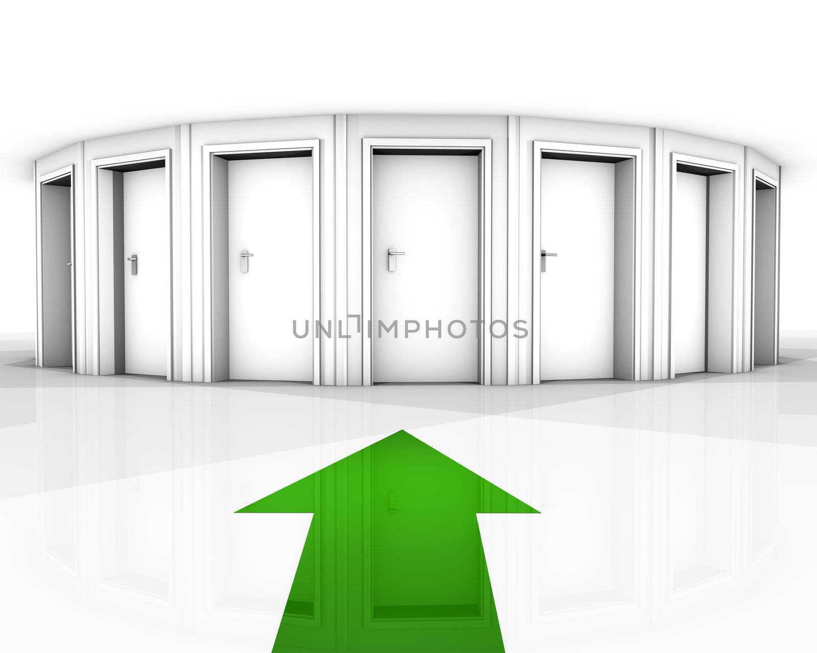rendering of a white room with closed doors and green arrow