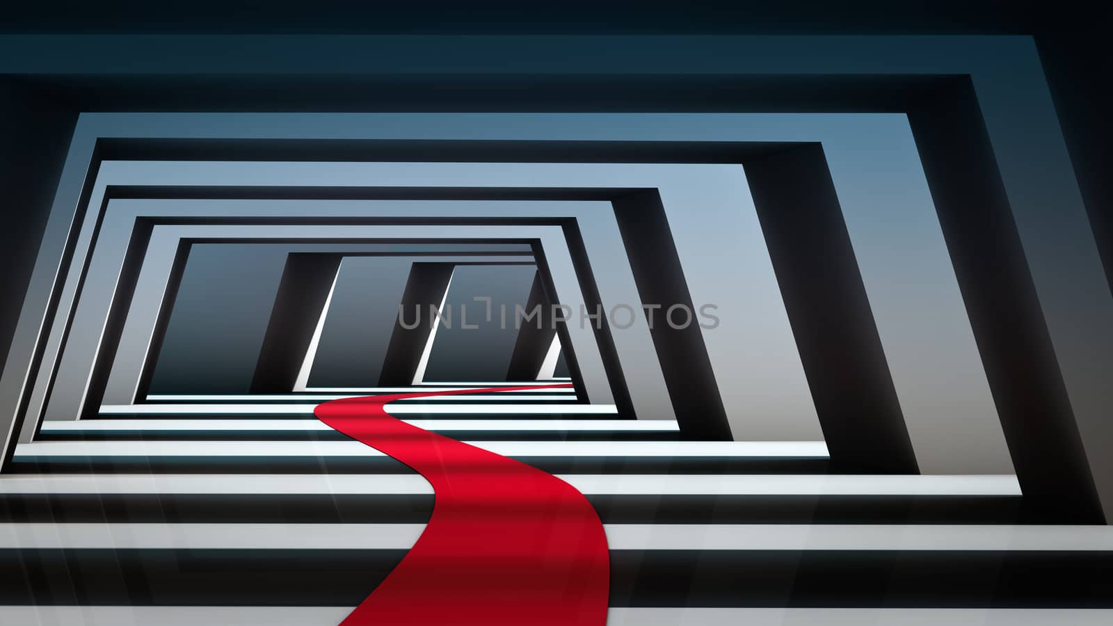 Red path in a 3d tunnel with shadows