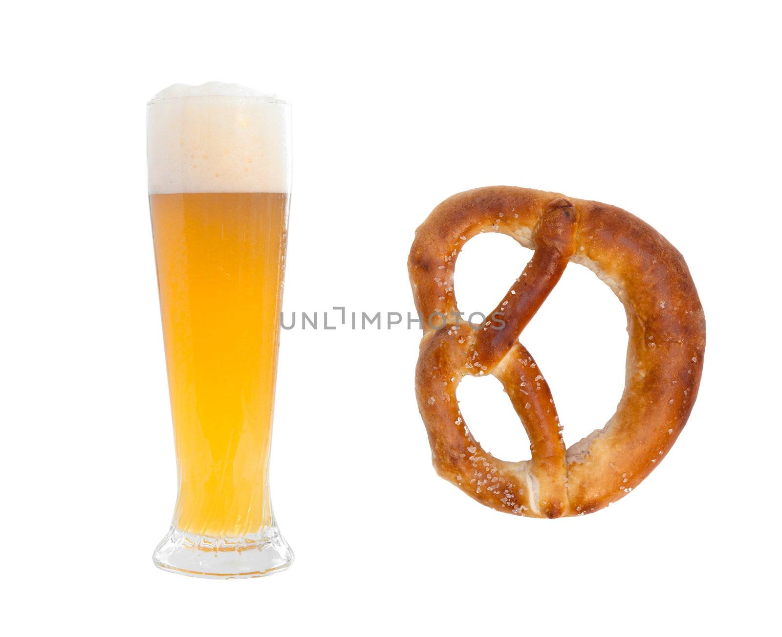 Isolated wheat beer glass and pretzel on white background