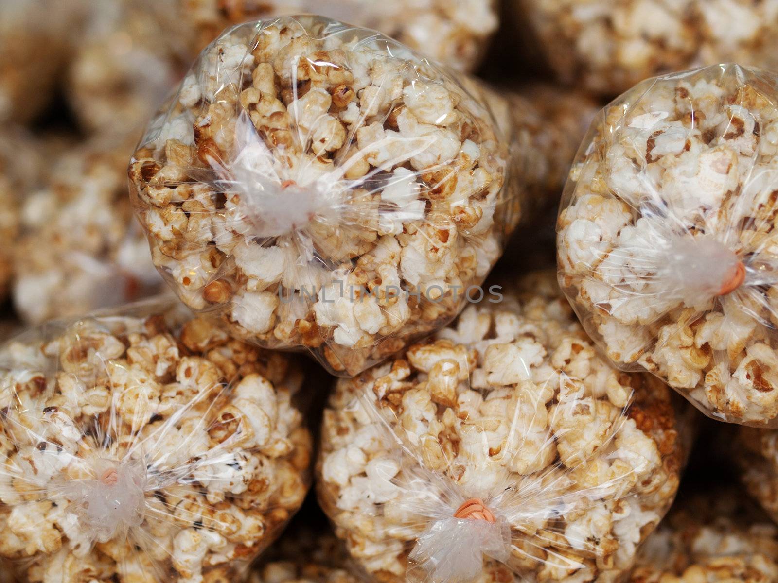 Close of popcorn bags in a market