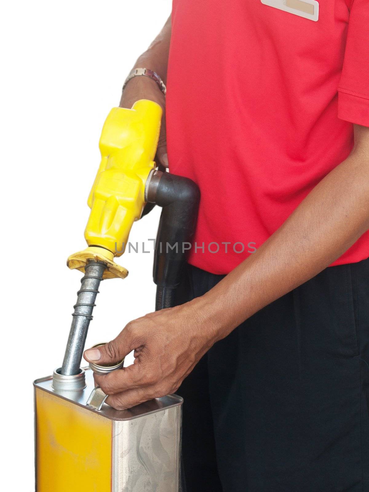 Asian man filling a gasoline container  in Malaysia isolated on white