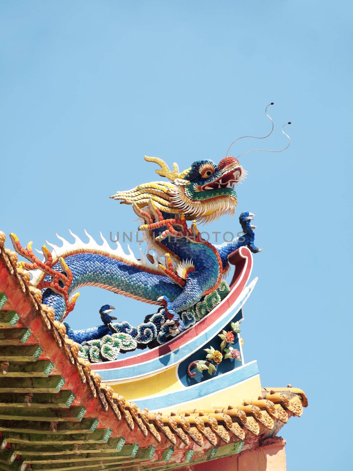 Detail of the roof of a buddhist temple with a colorful dragon in Kuala Lumpur
