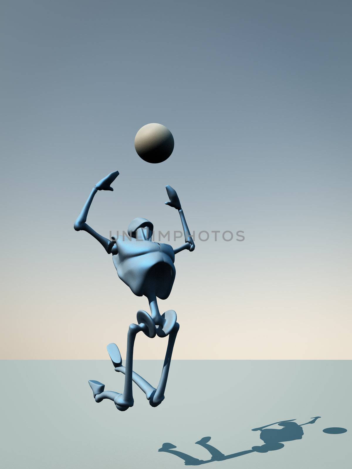 A robot jumping to catch a ball.