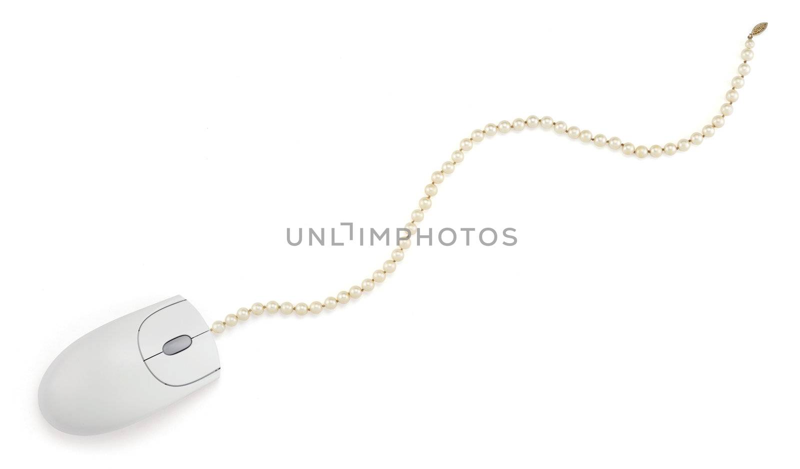 A computer mouse with its cable replaced with a string of fake pearls isolated on white with clipping path.