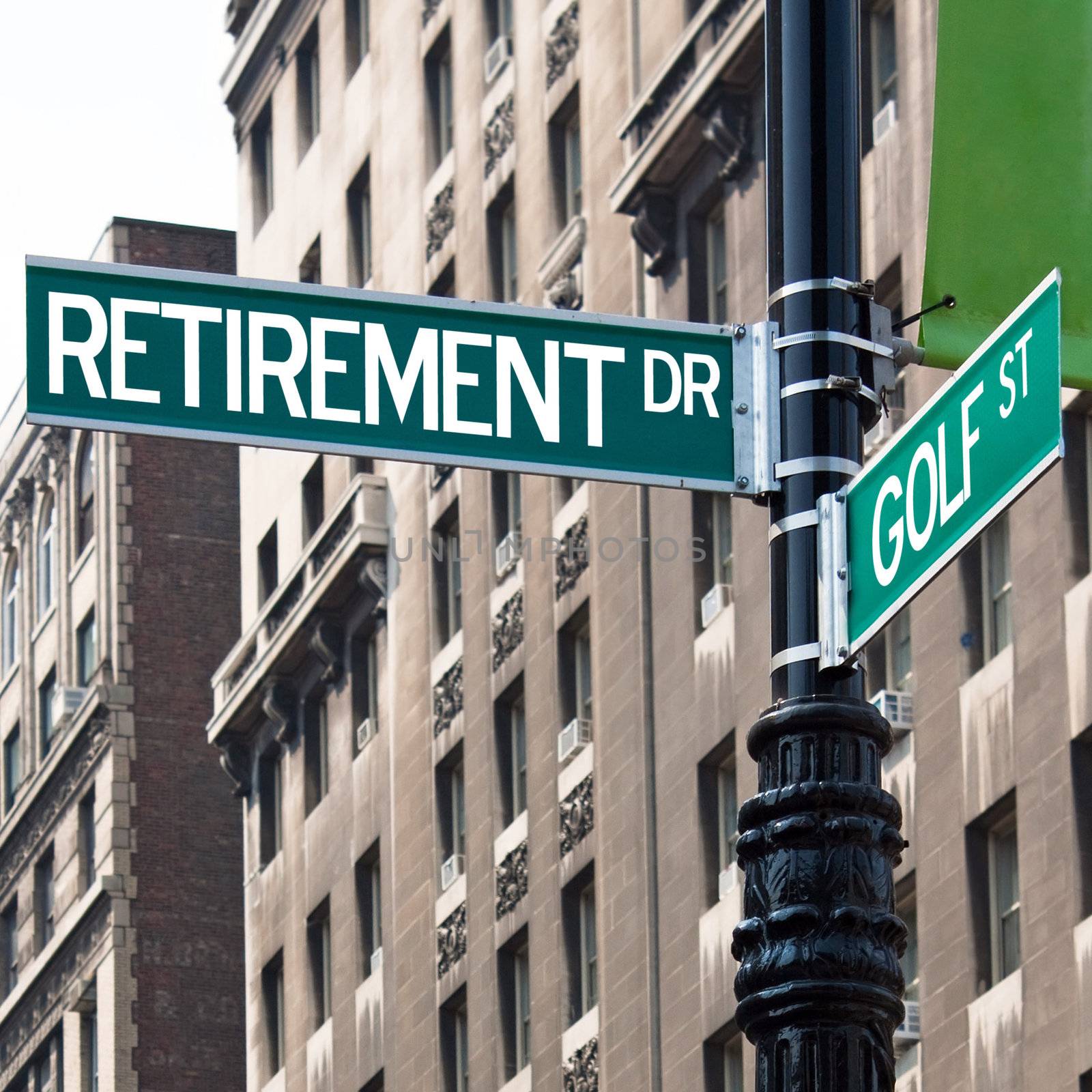 A sign post at the intersection of two streets reading RETIREMENT DR and GOLF ST.  Remove the words and insert your own to easily customize the message.