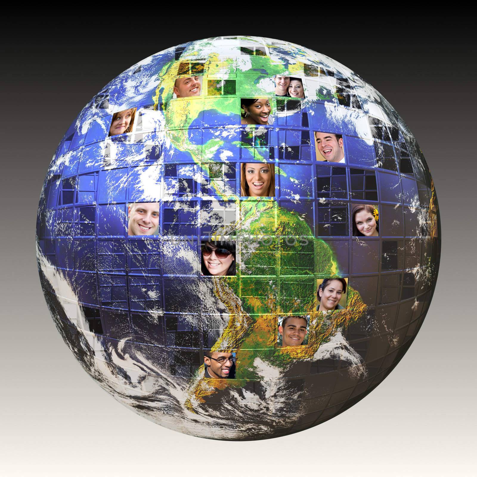 Montage of the earth with a global network of people from all walks of life on different continents isolated over white.  Clipping path included. Earth photo courtesy of NASA.