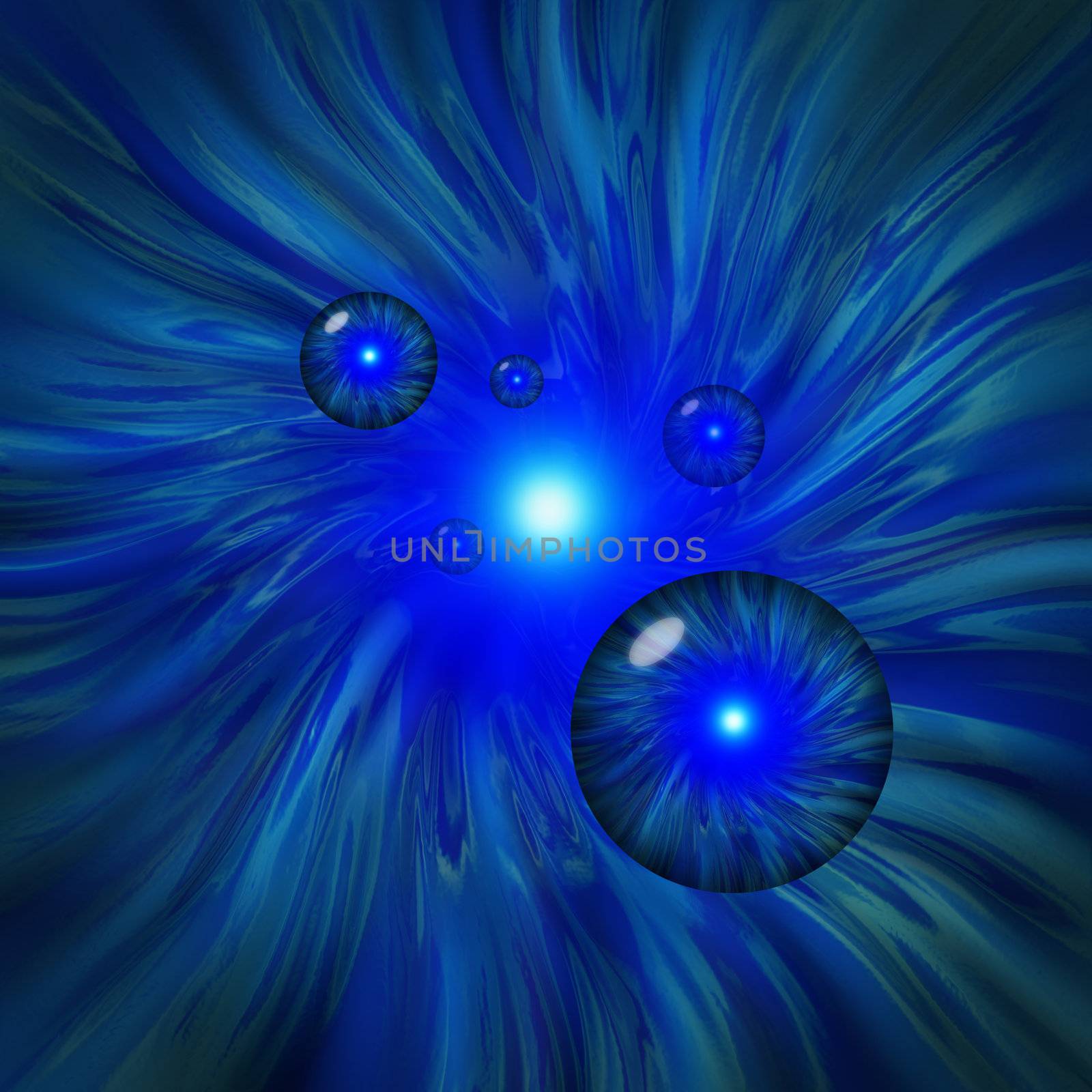 Blue vortex with spheres flying through wormhole