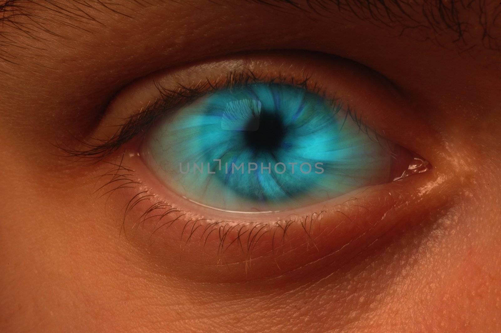 Close-up of eyeball with a blue vortex