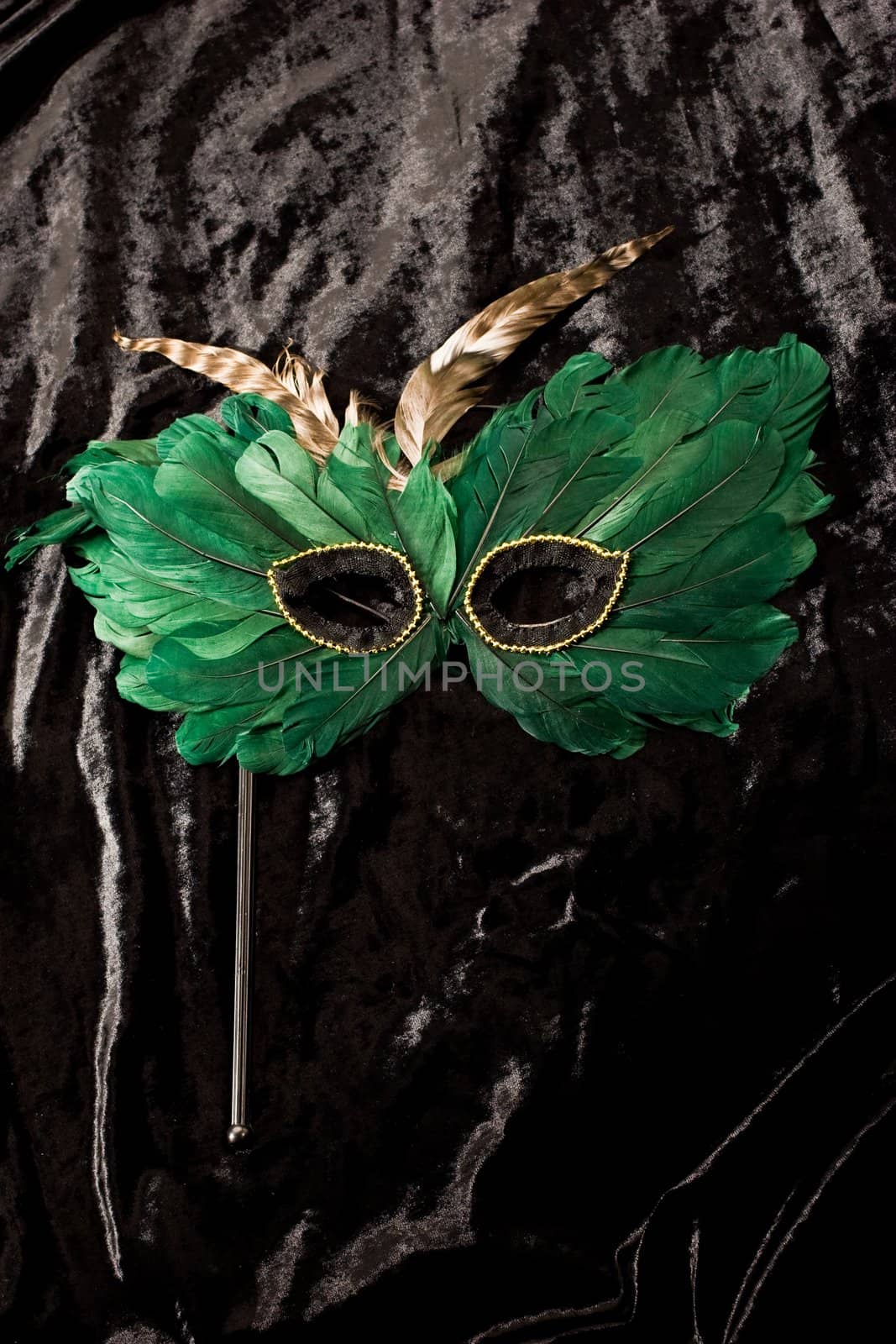 green mask for carnival on the black velvet