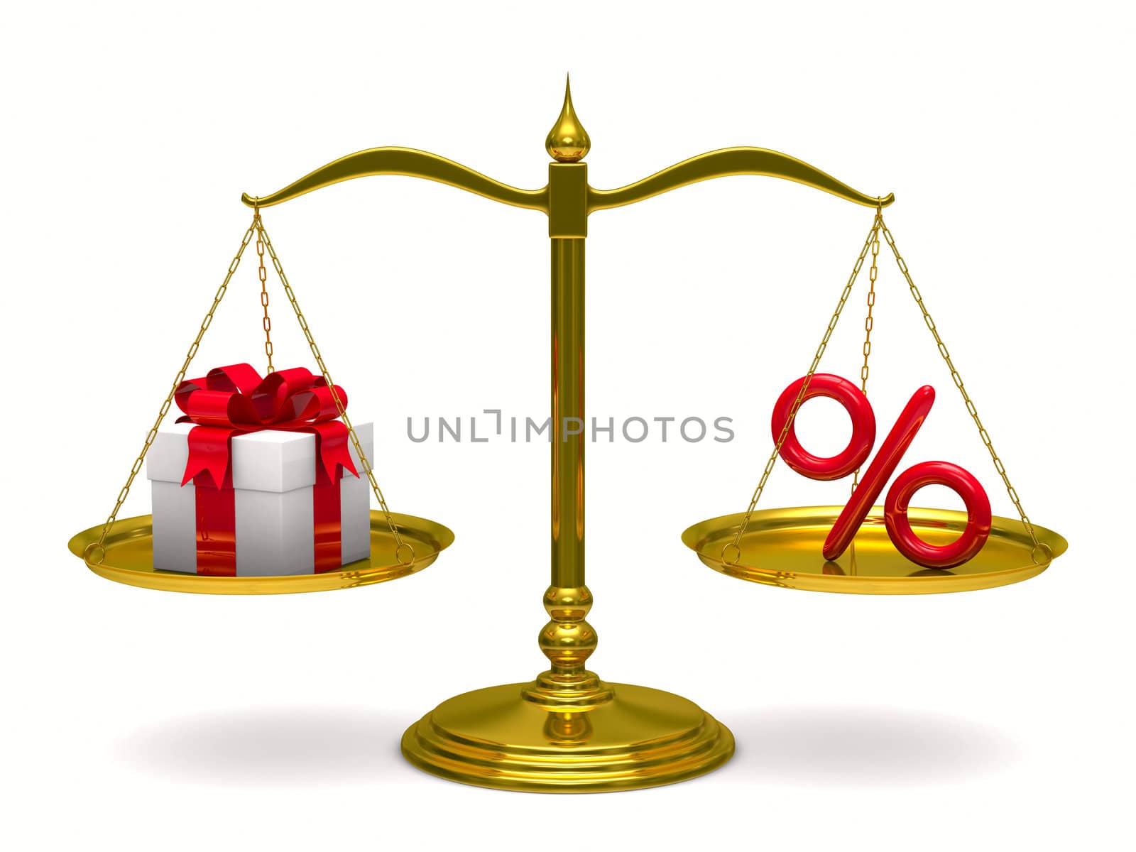 Gift box and percent on scales. Isolated 3D image