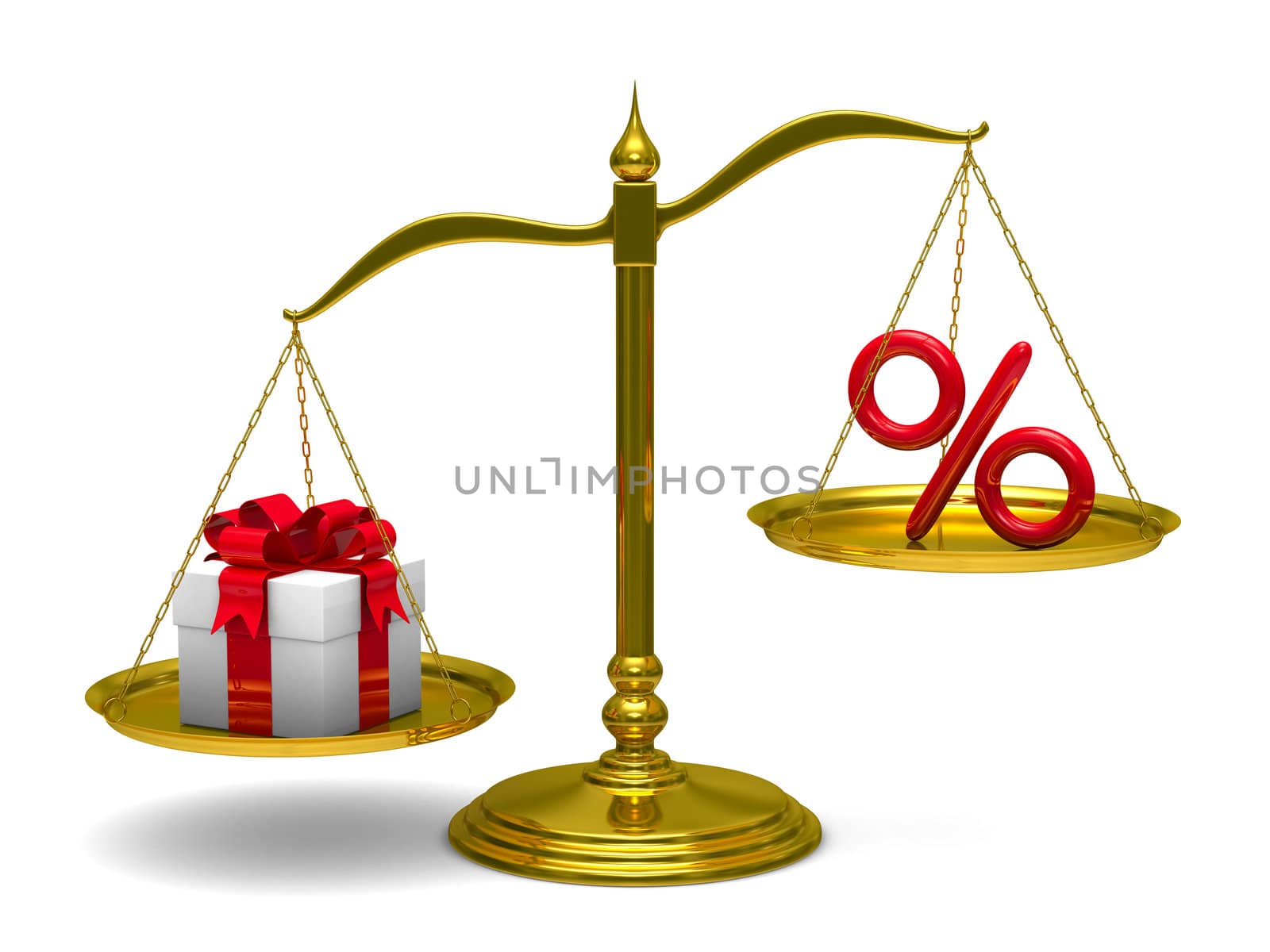 Gift box and percent on scales. Isolated 3D image