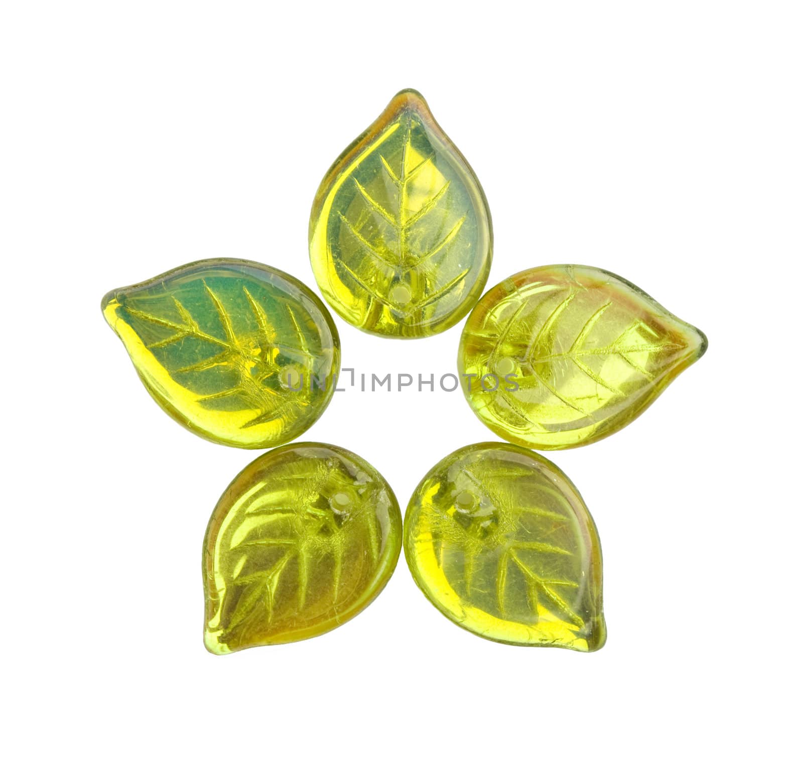 Circle of green glass leaves on white background.