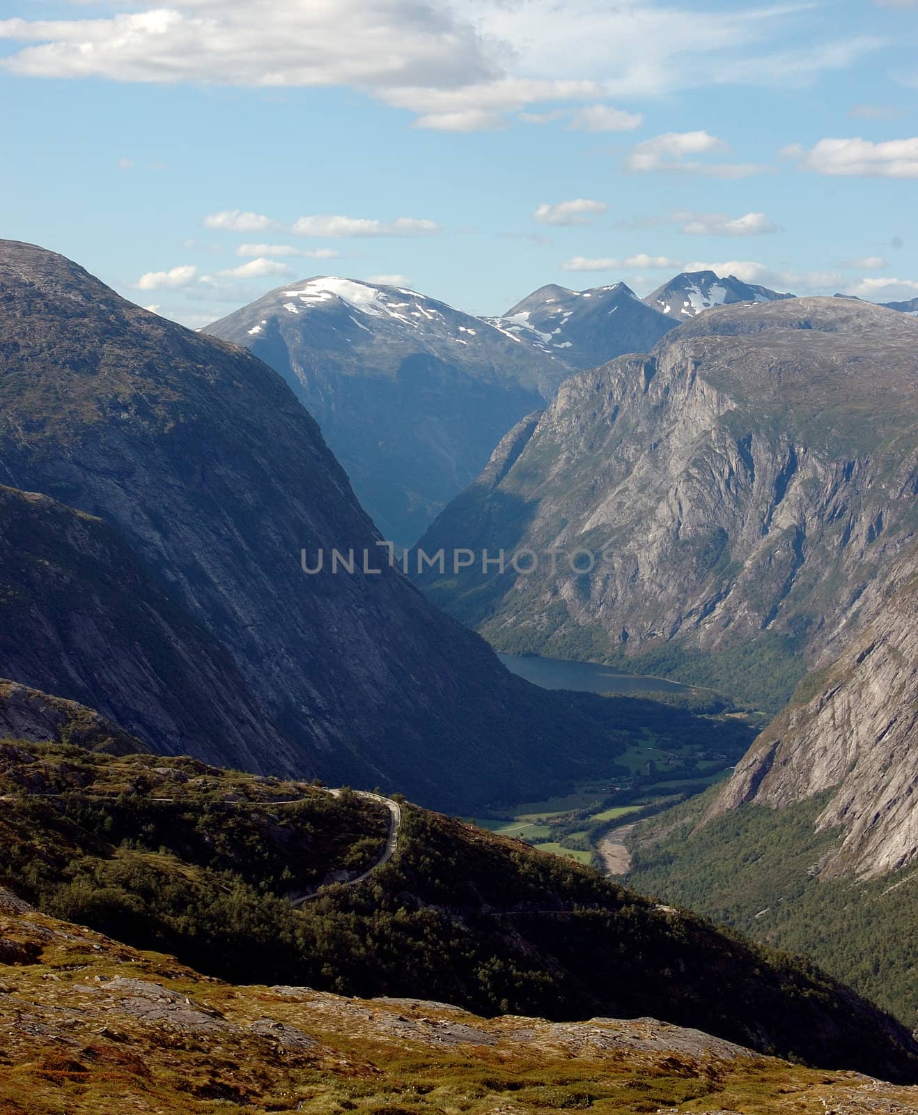 Steep mountain road in a Norwegian glacial valley; Finsetlia, Eikesdalen