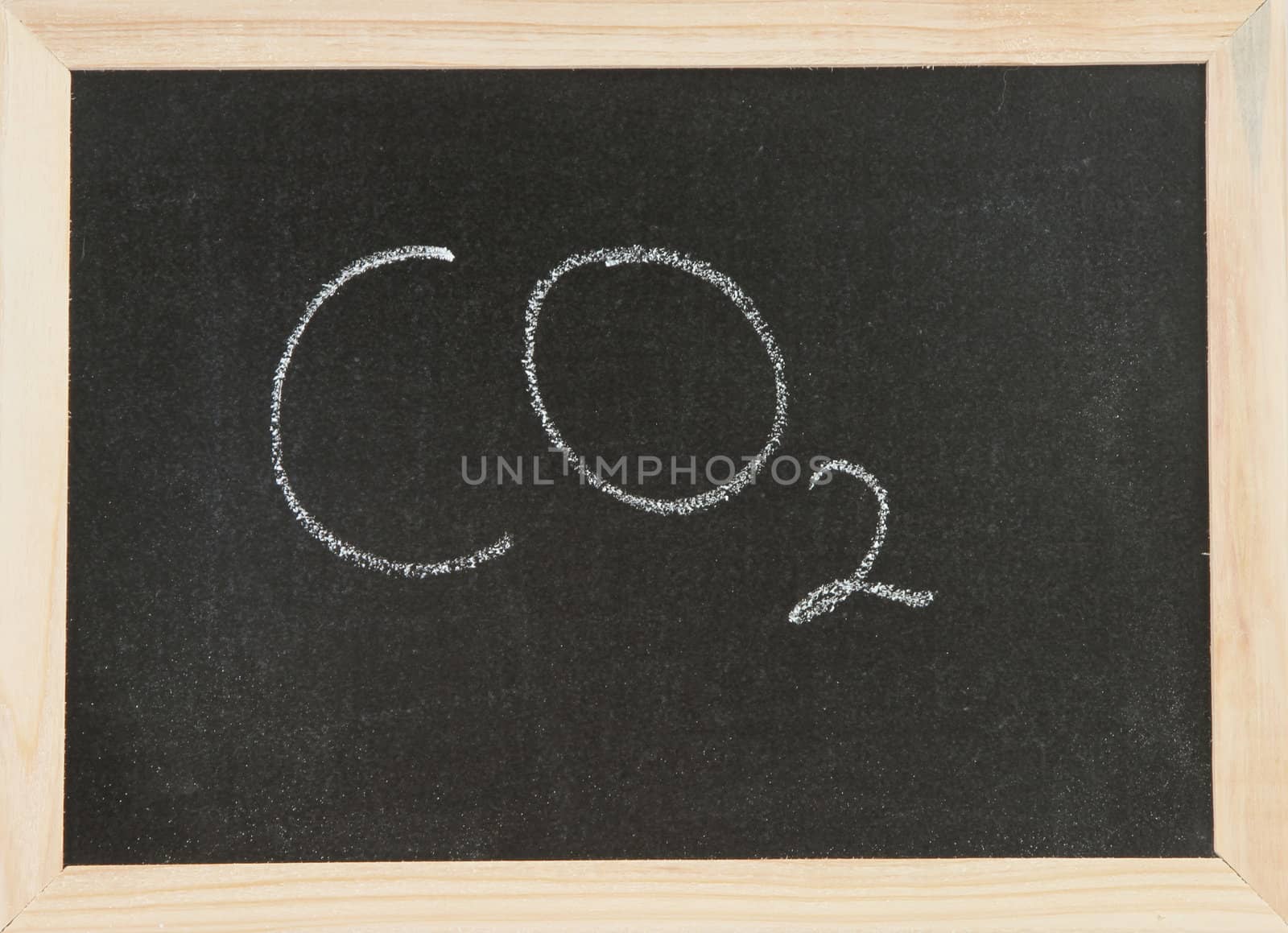 Black chalk board with wooden framed surround with the symbols for carbon dioxide.