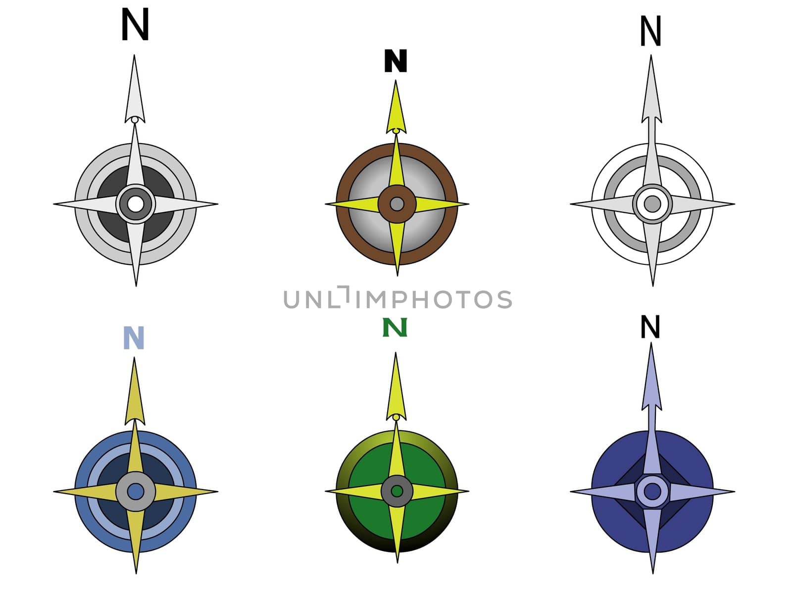 Illustration of six compass on a white background