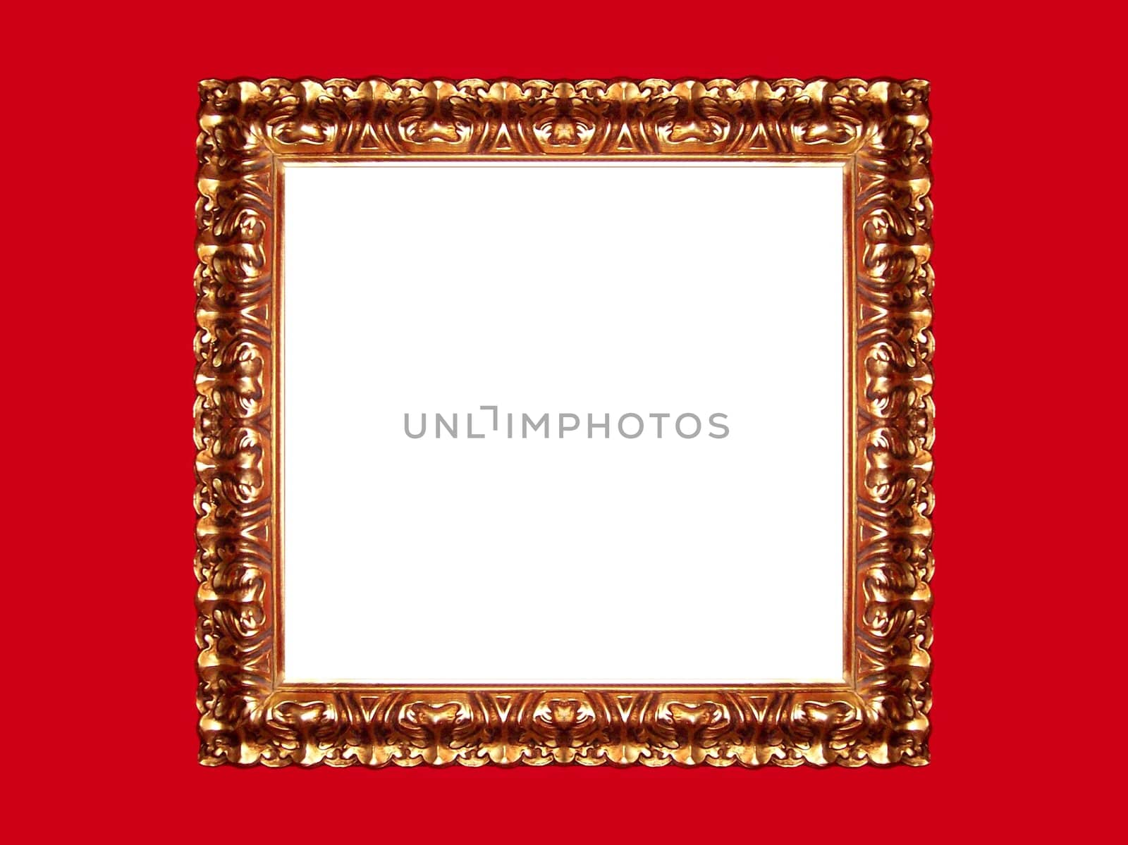Cleaned up photo of a golden frame on a red background
