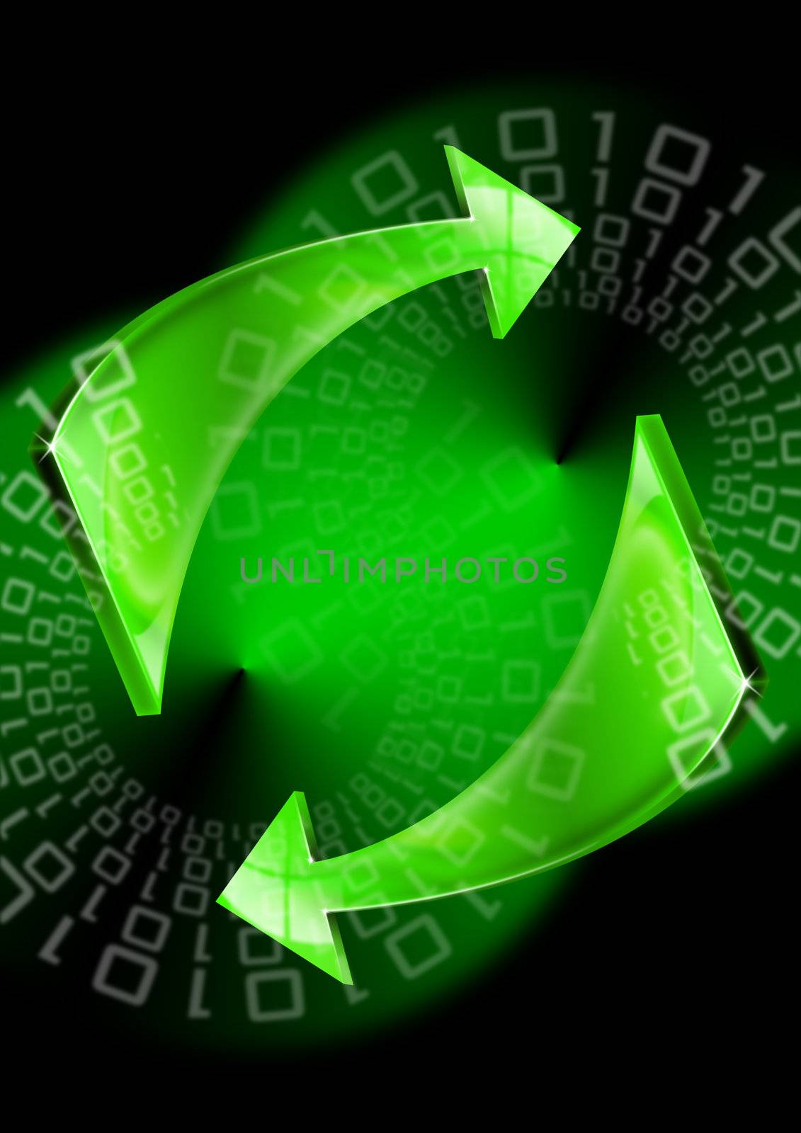 Background with 2 green and black cones and green arrows and binary code