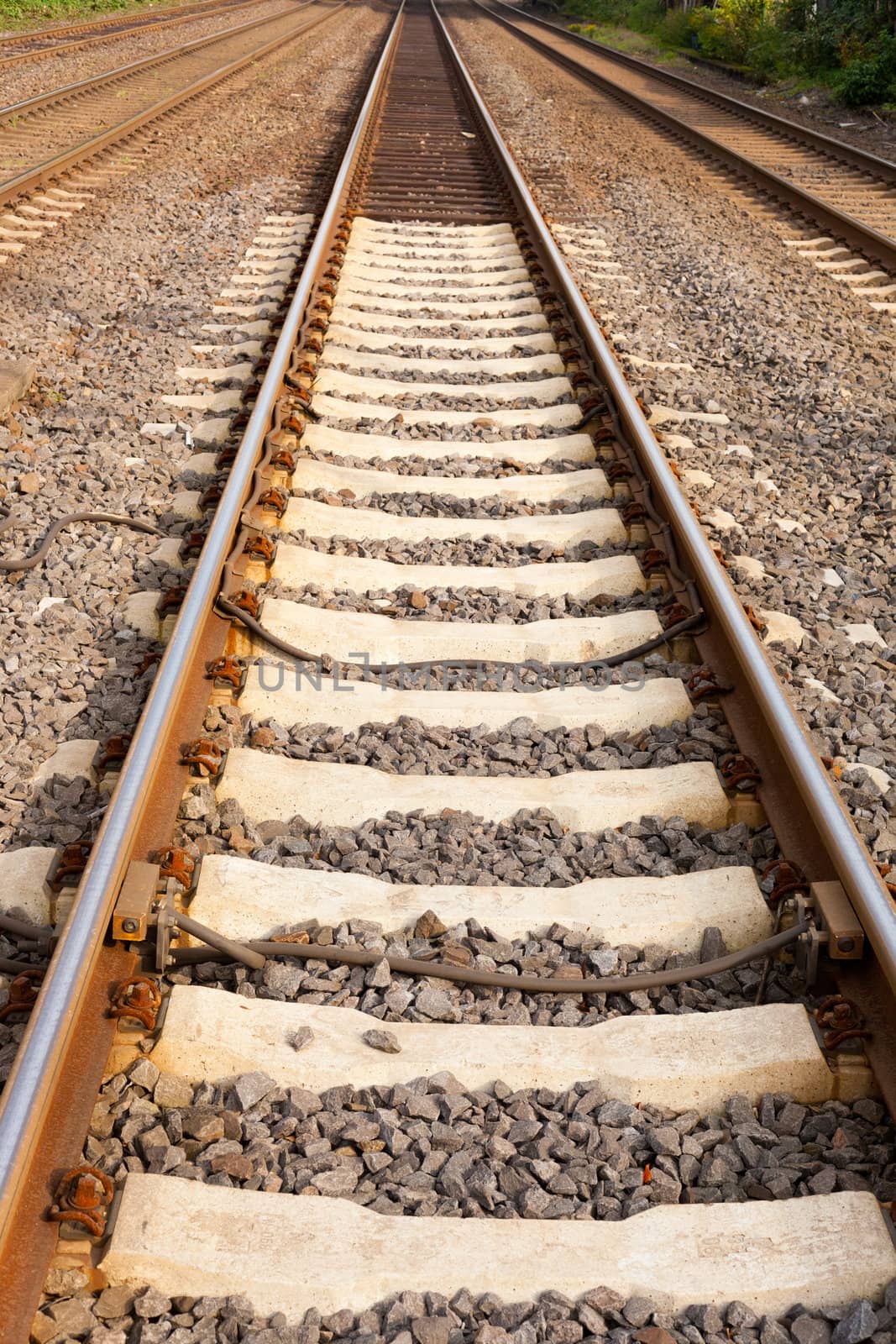 Multiple parallel railway tracks on railroad embankment