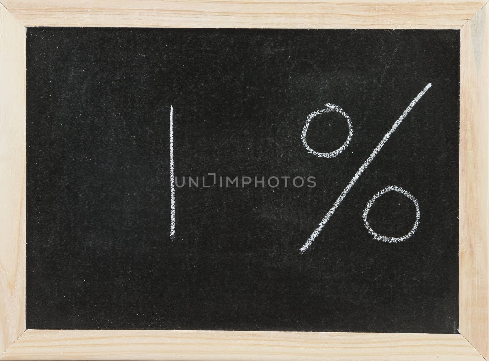 Black chalk board with wooden framed surround with the symbol for One Percent.