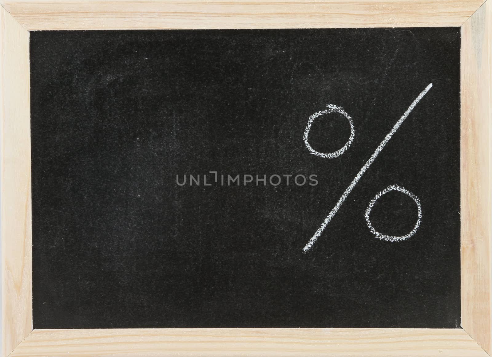 Black chalk board with wooden framed surround with a space and the symbol for percentage.