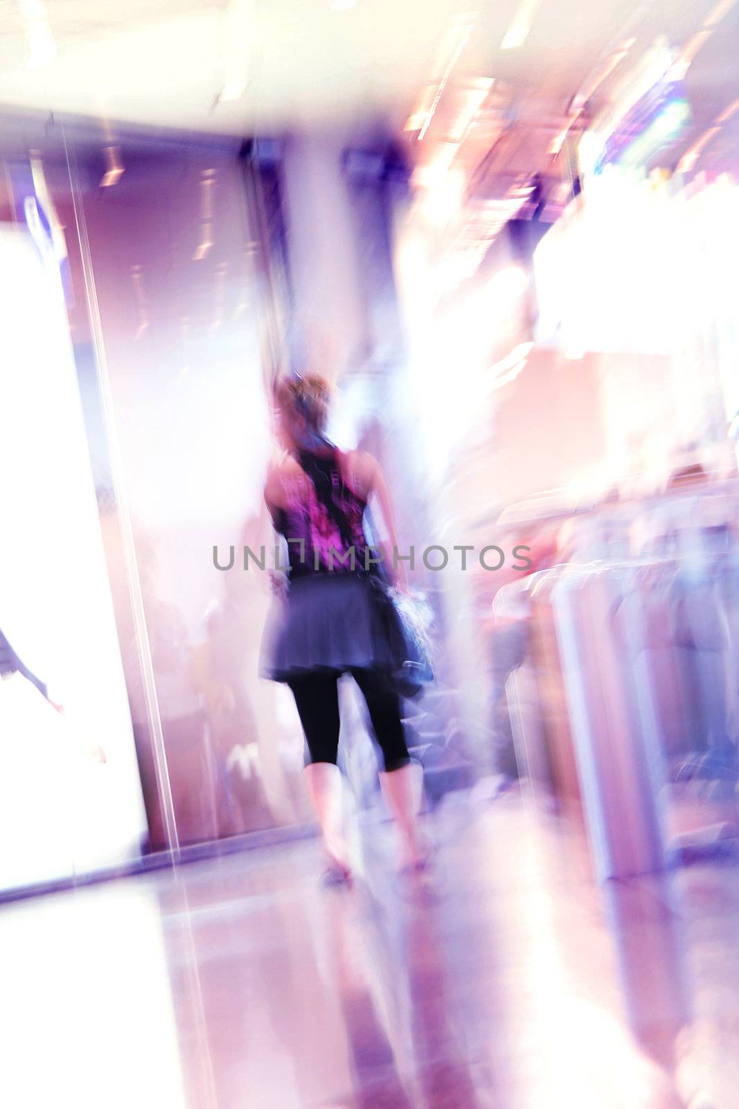 blurred unrecognizable people in motion in a shopping mall