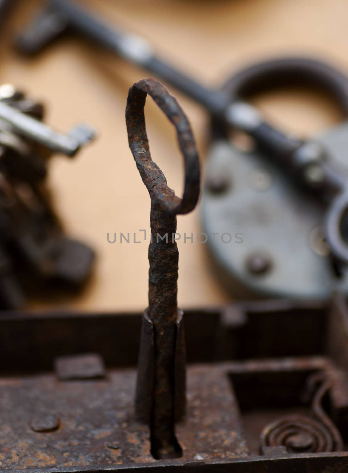 An old and rusty lock and key