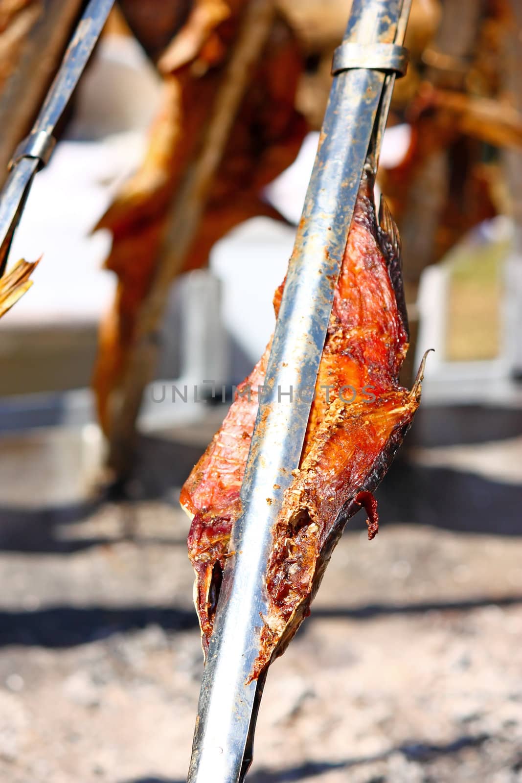 Roasting carp on a fire at a festival, carp on the jaw